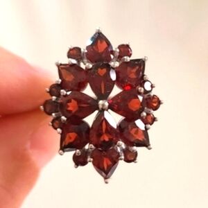 Vintage Boho Sterling Silver Red Garnet Cluster Crystal Flower Statement Ring 7